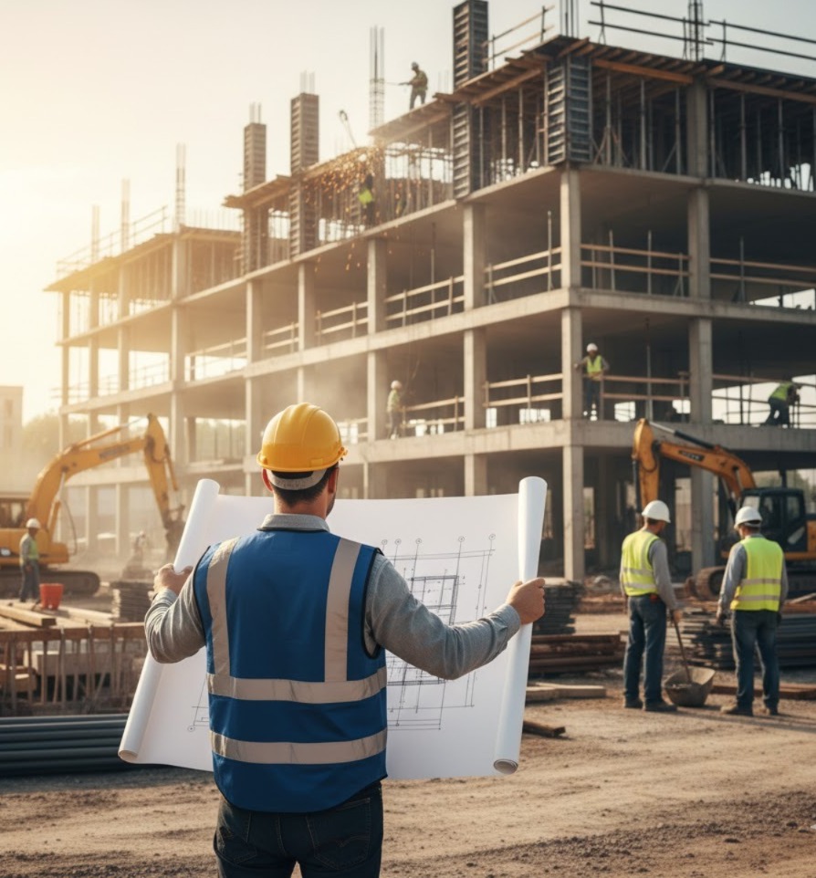 Equipo en obra revisando planos